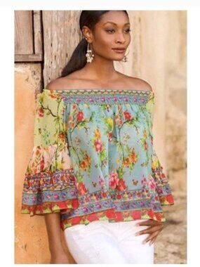 RubyYaYa Boho Rayon Botanical Floral Off Shoulder Blouse Size Large